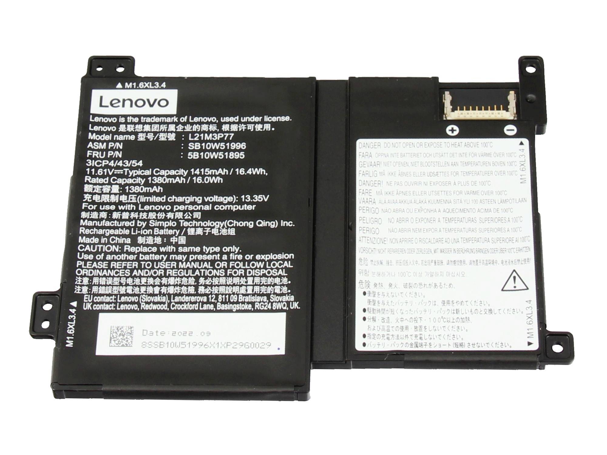 Dve batérie notebooku Lenovo zobrazené vedľa seba, jedna čierna s výrobným štítkom a jeden strieborný obal batérií.