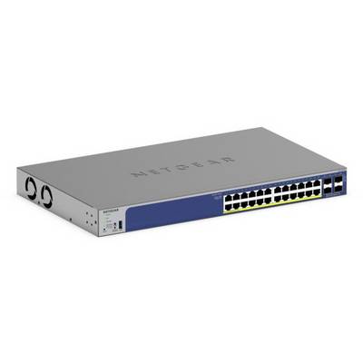 NETGEAR sieťový prepínač s viacerými portami Ethernet na prednej strane a logom na vrchu, zobrazený pod uhlom na bielom pozadí.