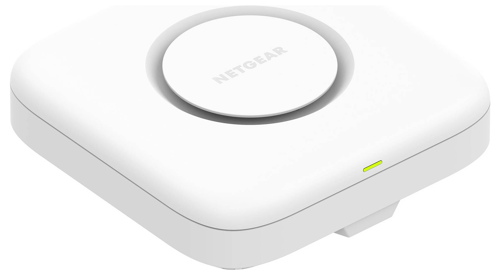 Biely bezdrôtový prístupový bod NETGEAR s okrúhlym logom na vrchu a malou zelenou indikačnou svetelkou na prednom okraji.