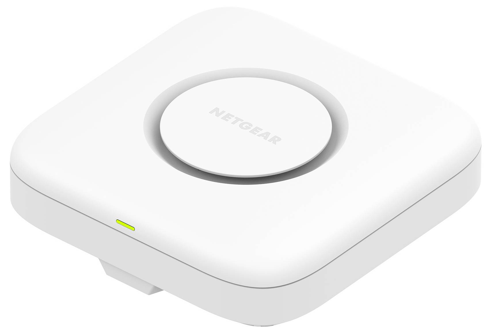 Biely bezdrôtový prístupový bod/smerovač Netgear s kruhovým logom na vrchu a malou zelenou stavovou indikáciou na prednom okraji.