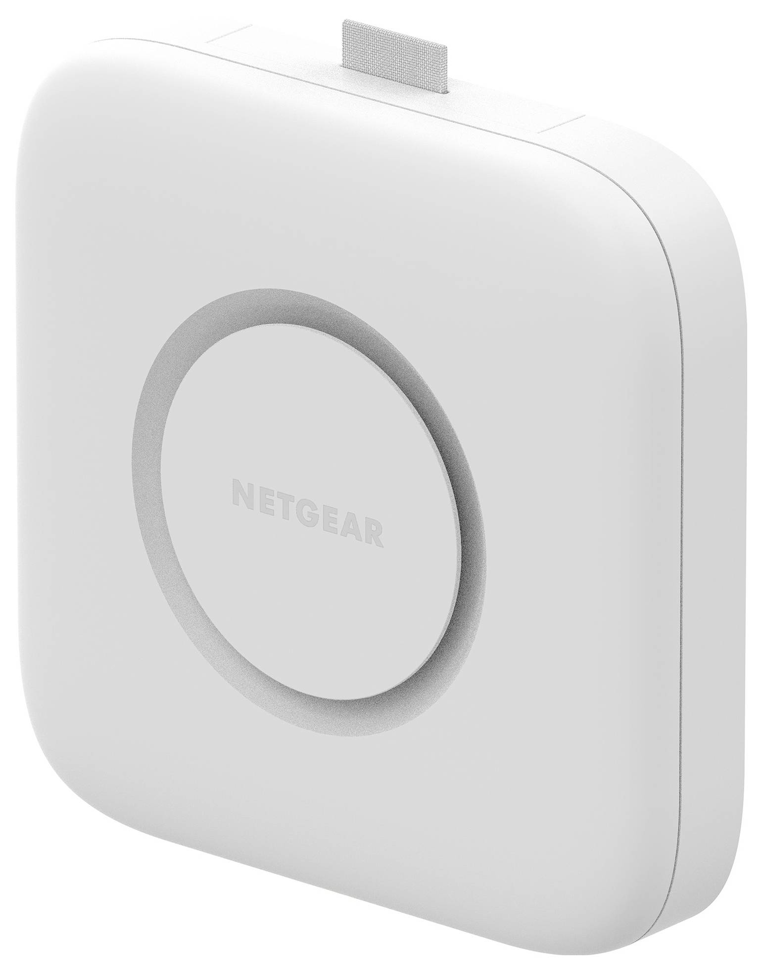 Biely bezdrôtový prístupový bod NETGEAR s dizajnom zaoblenného štvorca a centrálnou kruhovou oblasťou loga