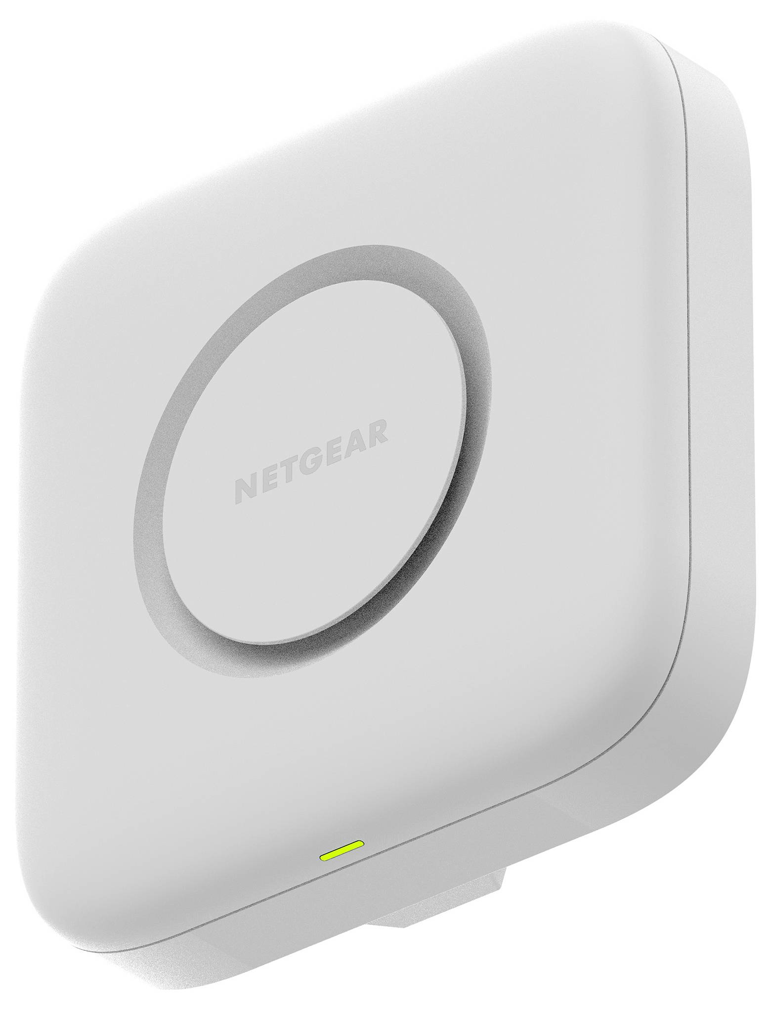 Biely bezdrôtový prístupový bod NETGEAR s kruhovým centrálnym logom a malou zelenou stavovou indikáciou na jednoduchom pozadí.