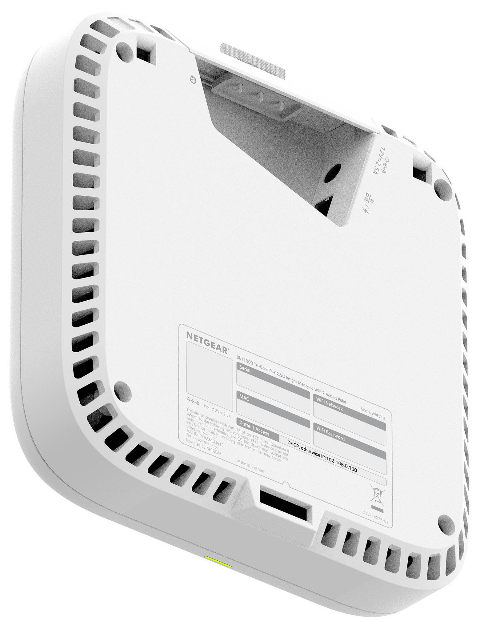 Biely bezdrôtový smerovač NETGEAR zobrazený zozadu s viditeľnými ventilačnými otvormi, montážnymi drážkami a portmi.