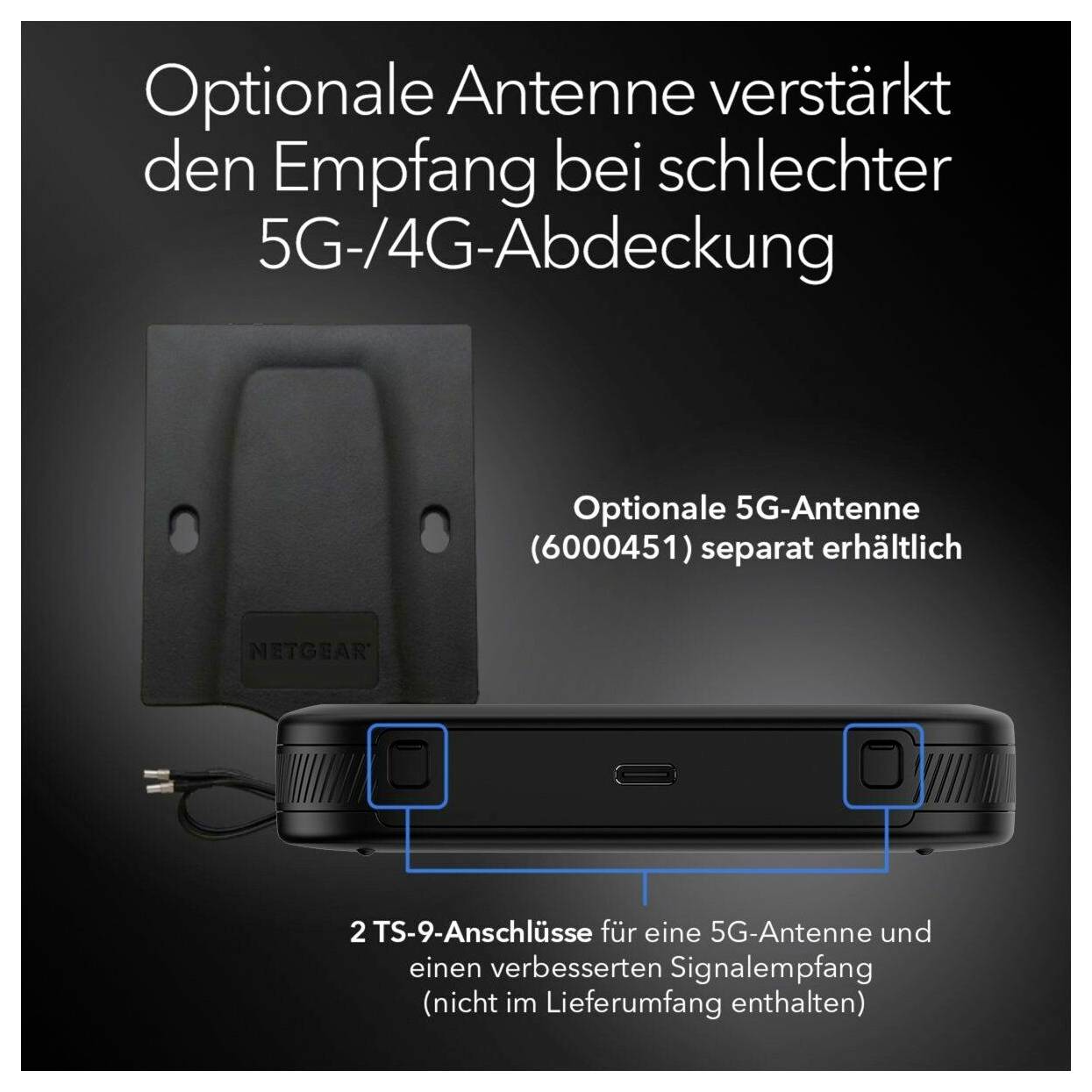 Propagačný obrázok v nemčine ukazujúci voliteľnú anténu 5G zlepšujúcu príjem v slabom pokrytí 5G/4G; dve porty antény TS-9 na zariadení sú zvýraznené.