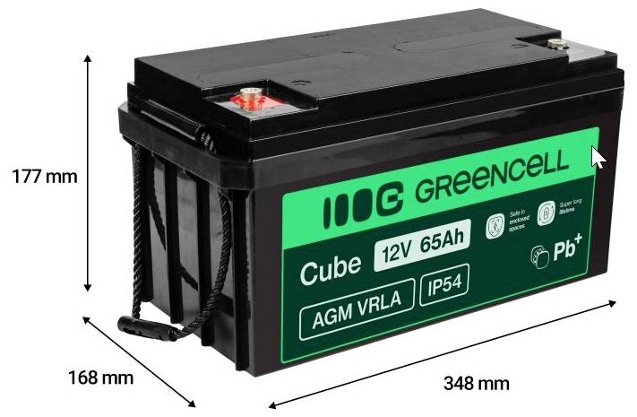 Batéria Black Greencell Cube AGM VRLA 12V 65Ah zobrazená s rozmermi 348 mm dlhá, 168 mm široká a 177 mm vysoká.