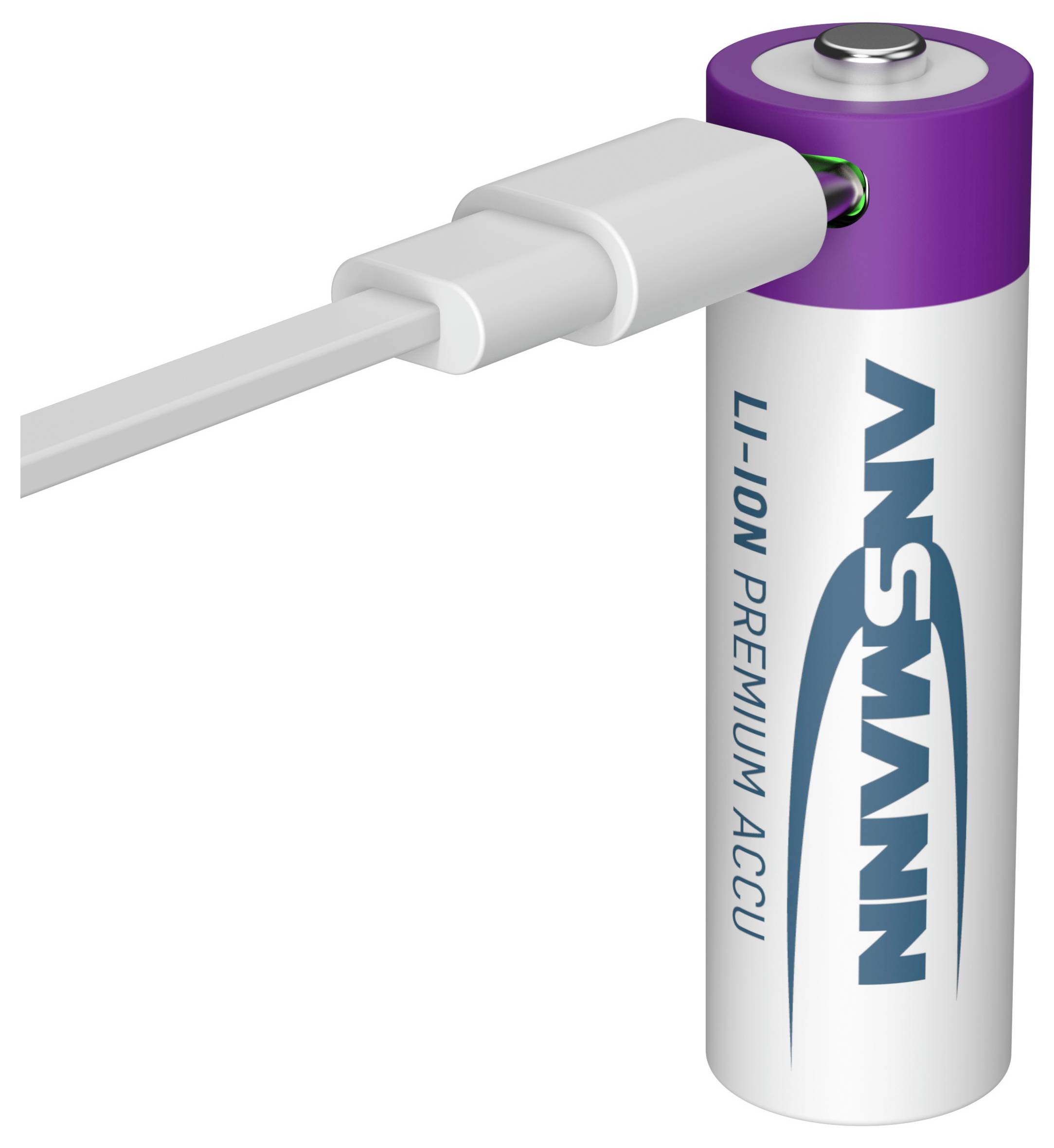 USB nabíjací kábel zapojený do bielej a fialovej batérie AA s označením „ANSMANN" a „Ni-MH PREMIUM ACCU".