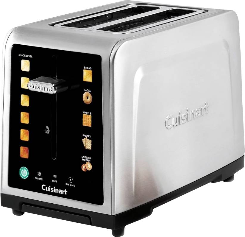 Nerezavejúci toaster Cuisinart s dvoma otvormi, digitálnym ovládacím panelom a tlačidlami s prednastavenými nastaveniami pre chlieb, bagetu, vafľu, pečivo a anglický mufinku.