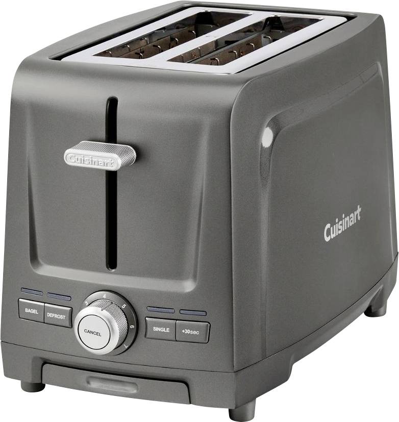 Sivý Cuisinart dvojkváskový toaster s ovládaním na bagely, rozmrazovanie, zrušenie, jednotlivý režim a +30 sekúnd zobrazený v pohľade produktu.