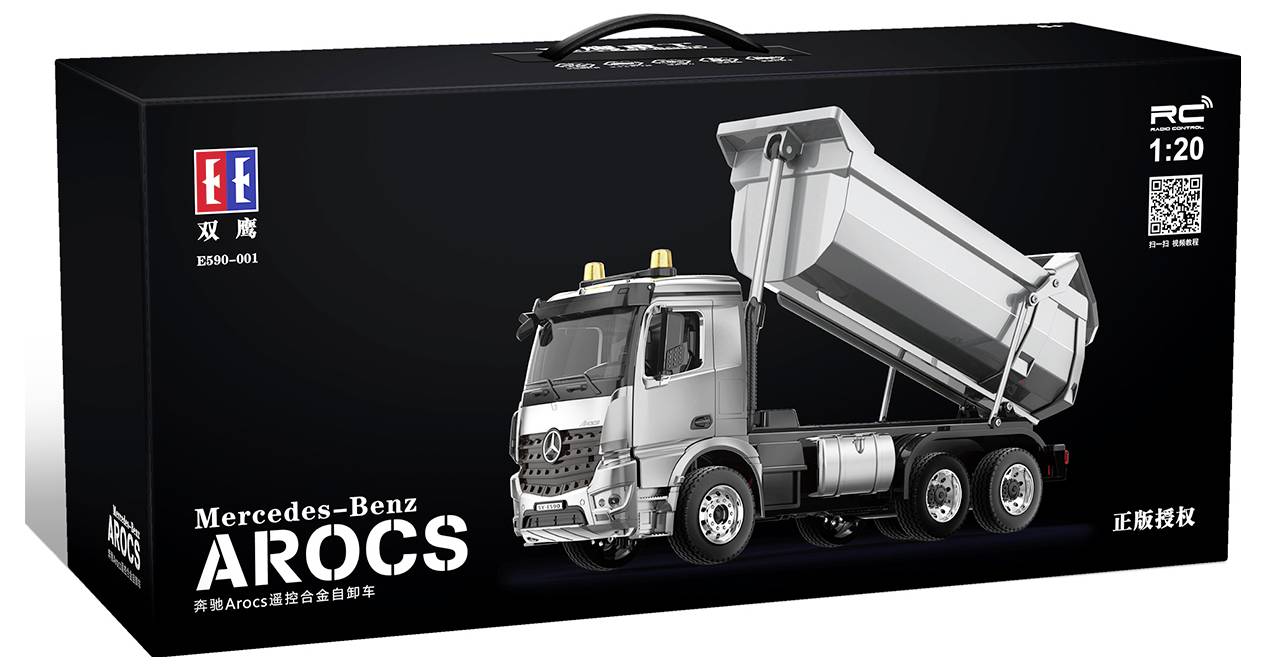 Obalová grafika pre RC model nákladného vozidla Mercedes-Benz Arocs 1:20 v mierke, zobrazujúca striebornú trojnápravovú nákladnú dodávku na čiernom obaľovaní produktu.