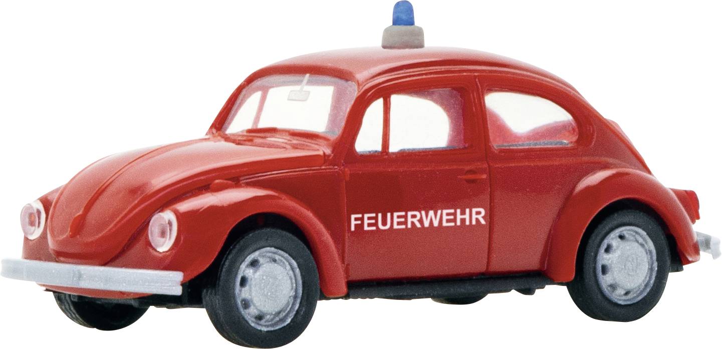 Červené hračkárske hasičské auto označené "FEUERWEHR" s modrým svetlom navrchu, zobrazené v bočnom pohľade na bielom pozadí.