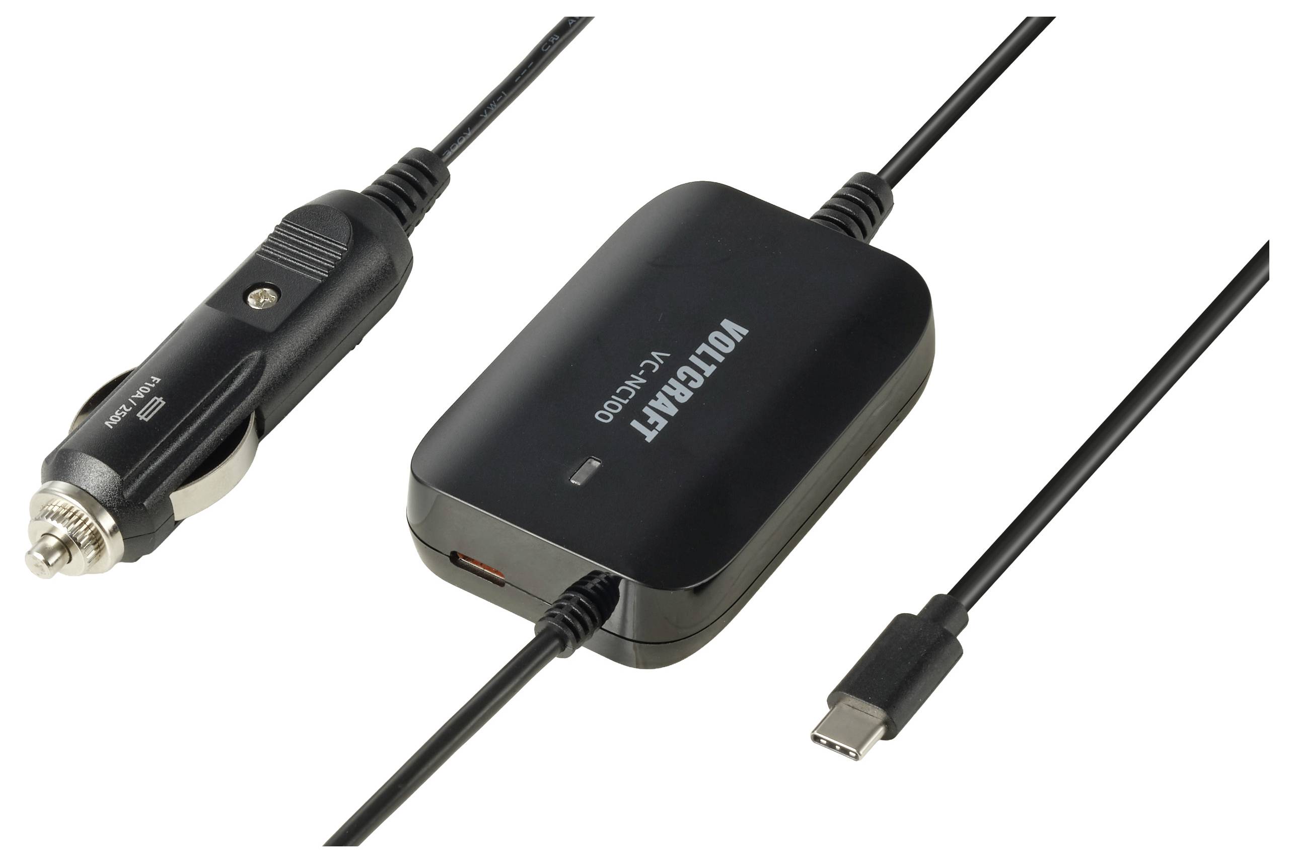 USB-C napájací adaptér s kábľom a zástrčkou do zapaľovača v aute, označený ako „VOLREAT VC-ND20", zobrazený na bielom pozadí.
