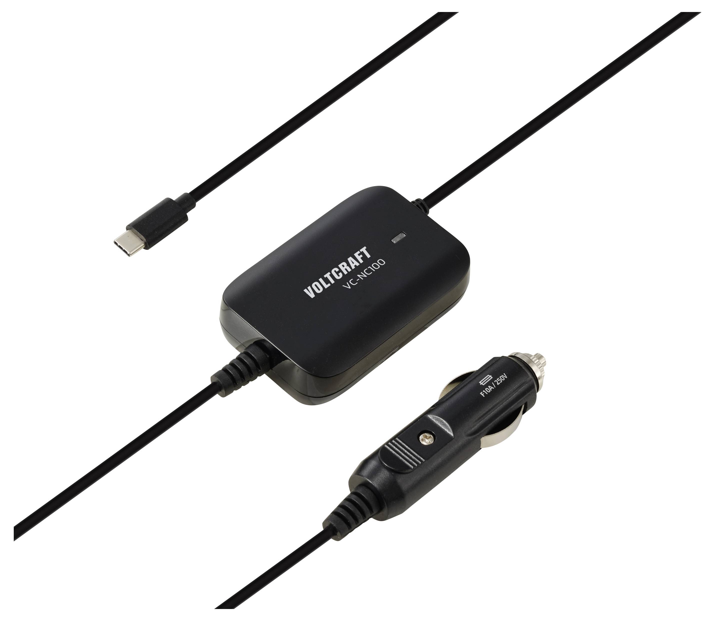 Čierny kábel adaptéra USB nabíjačky do auta VOLTCRAFT V-CNIC100 s microUSB zásuvkou a konektorom do 12V zapaľovača cigariet.