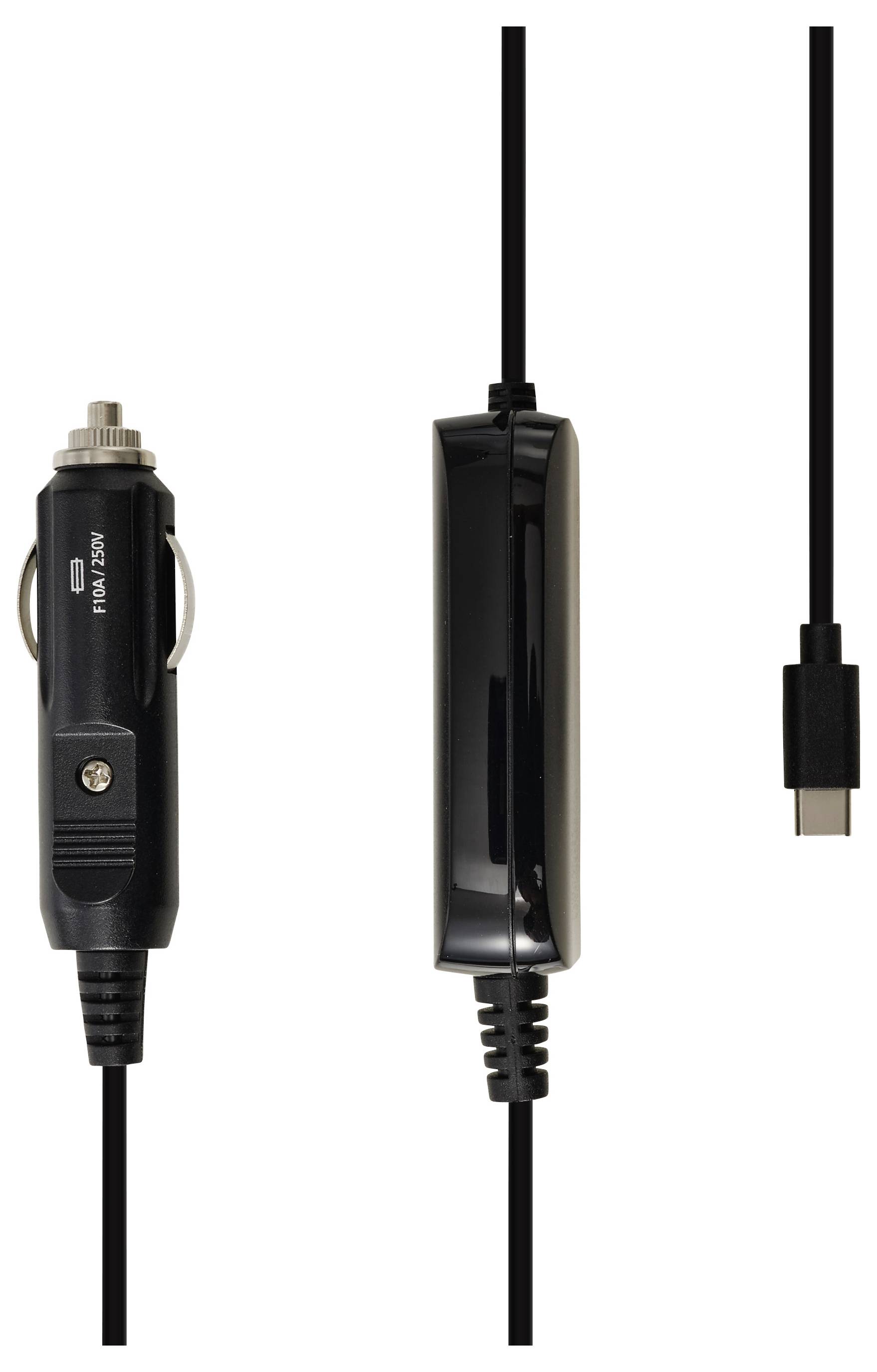Čierny kábel USB-C s integrovaným ovládacím modulom a zástrčkou zapaľovača do automobilu, zobrazený na bielom pozadí.