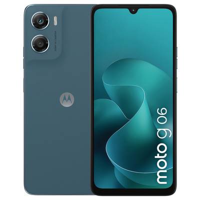 Motorola smartphone zobrazený spredu a zozadu v tyrkysovej farbe, s duálnymi zadnými kamerami a nápisom "moto g 06" zobrazeným na obrazovke.