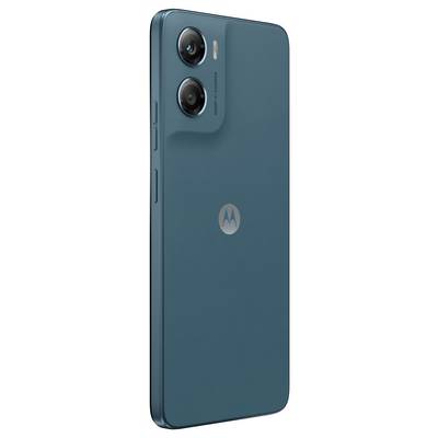 Zadný pohľad na tyrkysový smartfón Motorola s dvoma kamerami na zadnej strane v zvislom module a logom Motorola umiestnenom v strede na zadnej časti.