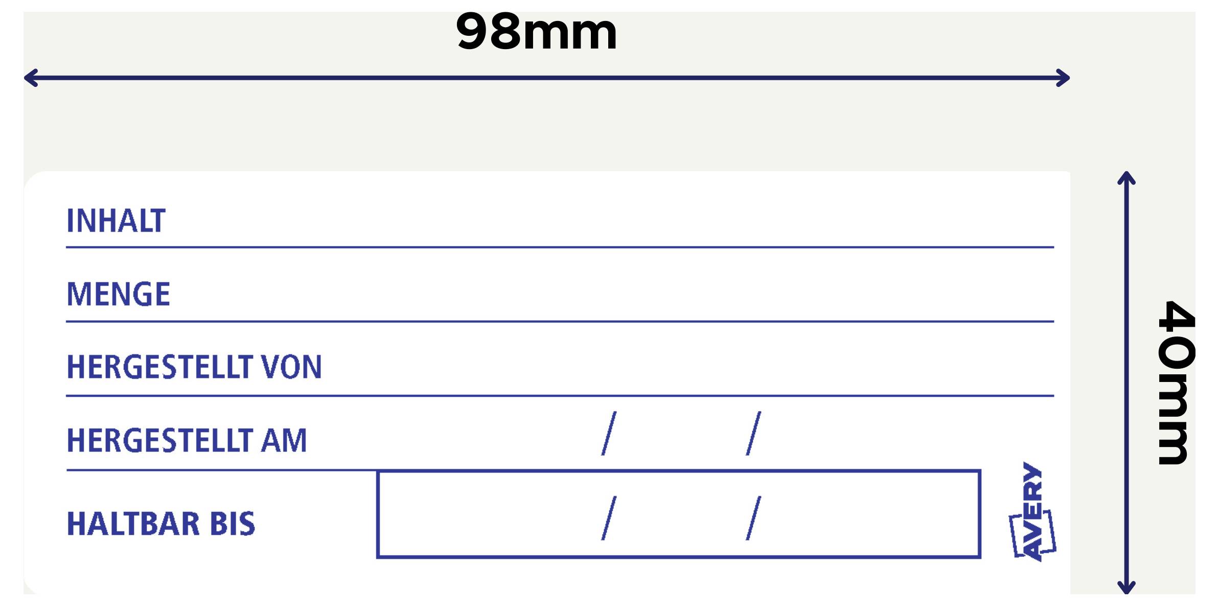 Šablóna etikety s poľami formulára v slovenčine: 'OBSAH', 'MNOŽSTVO', 'VYROBENÉ OD', 'VYROBENÉ DNE', 'POUŽITEĽNÉ DO', s rozmermi 98 mm x 40 mm.