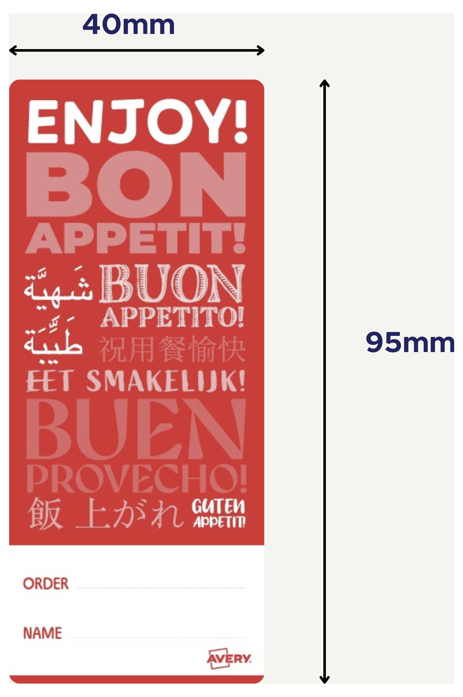 Červená šablóna etikiet Avery s rozmermi 40 mm x 95 mm, s multilingválnym textom „Bon Appetit" a prázdnymi riadkami „Objednávka" a „Meno" v spodnej časti.