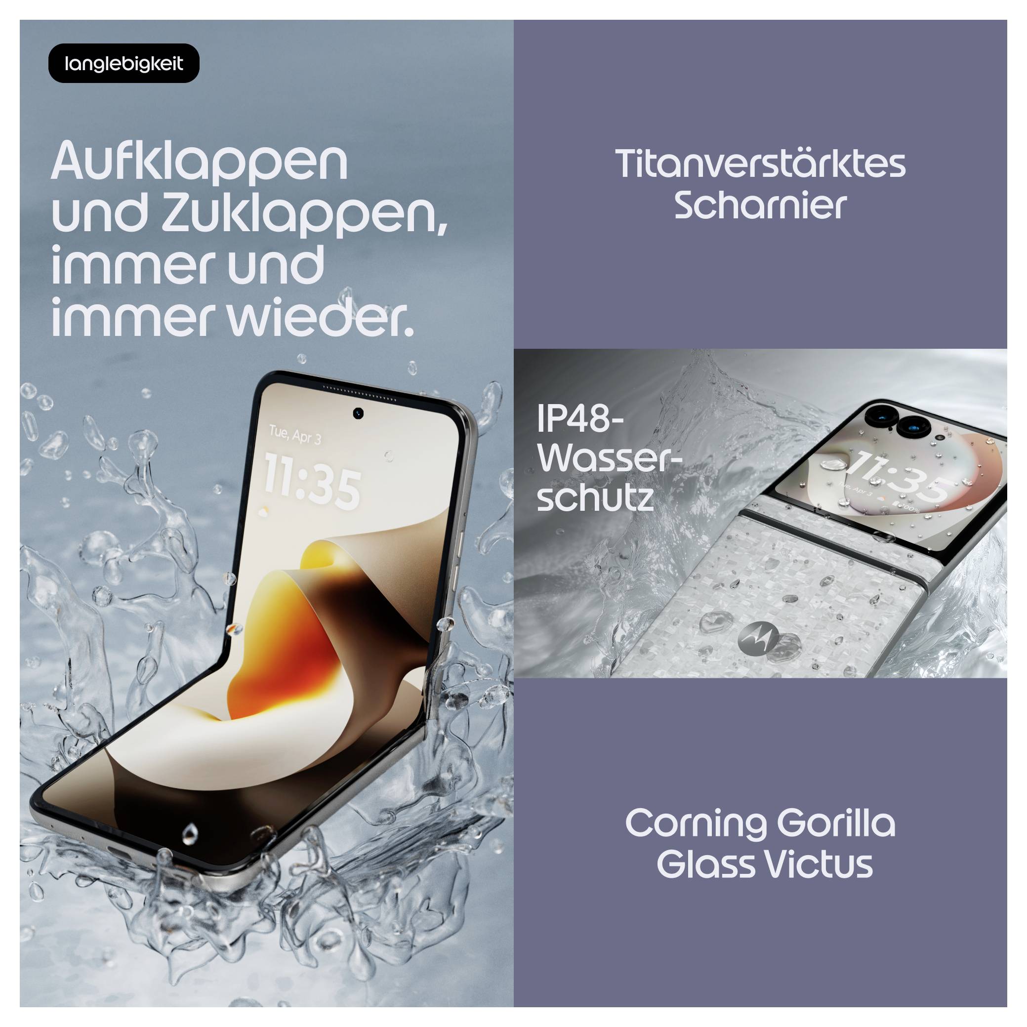 Skladací smartfón v striekajúcej vode s nemeckým textom zdôrazňujúcim odolnosť: titánový záves, водоodolnosť IP48 a Corning Gorilla Glass Victus.