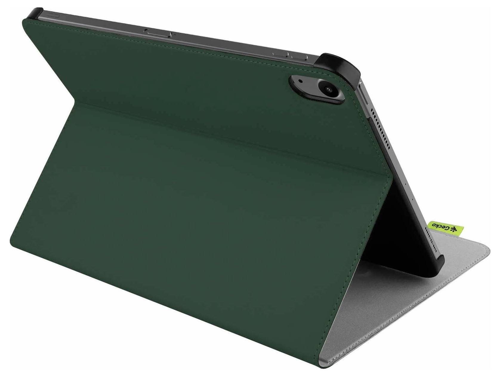 Zelené puzdro na tablet v štýle folio s vstavaným statívom, zobrazené otvorené a podopierajúce tablet.