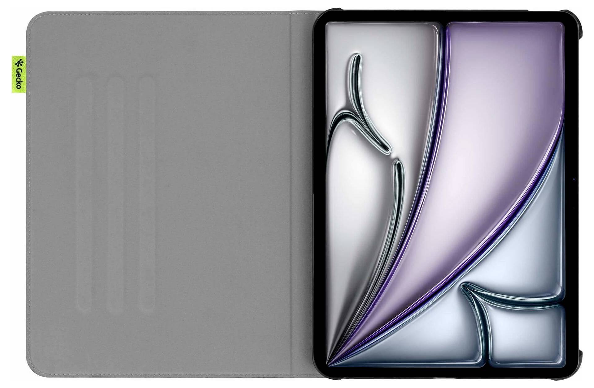 Tablet v sivom puzdre formátu folio, zobrazený otvorený s displejom znázorňujúcim fialovo-strieborný abstraktný tapetu.