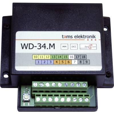 Elektronický riadiaci modul WD-34.M značky 'tams elektronik' s očíslovanými radami indikátorov a zeleným blokom svoriek.