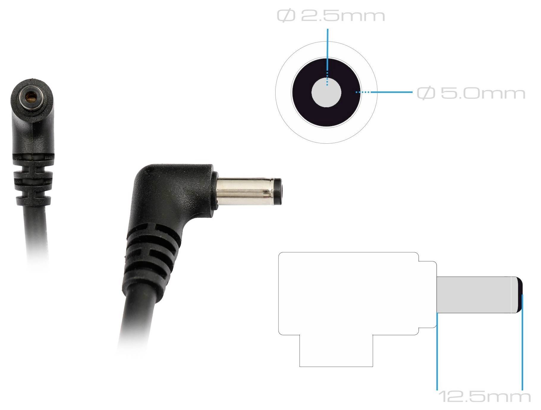 Diagram pravouhlého DC konektora s vonkajšou zásuvkou s rozmermi: vnútorný priemer 2,5 mm, vonkajší priemer 5,0 mm a dĺžka 12,5 mm.