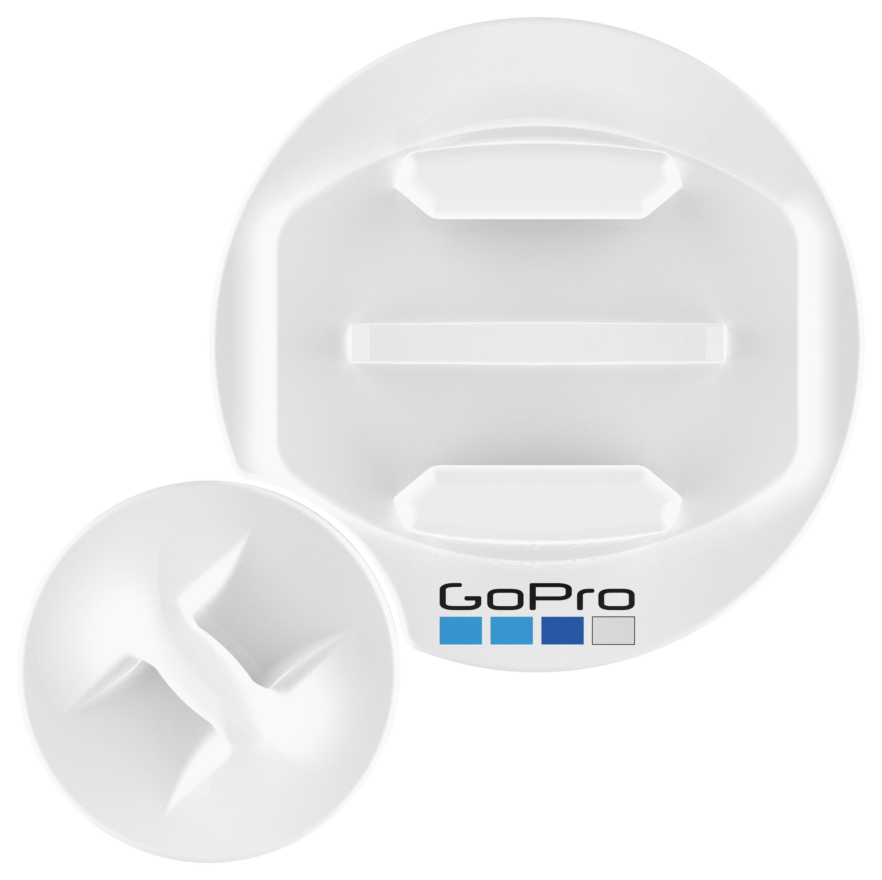 Dve biele lepidlové držiaky GoPro na hladkom pozadí, jeden veľký kruhový držiak a jeden menší kruhový držiak so slotmi a logom GoPro.