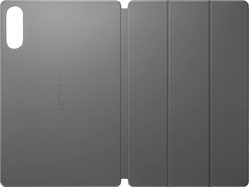 Sivé puzdro na tablet Lenovo v tvare knihy zobrazené zatvorené, so zvislým otvorom pre kameru a trojnásobne zložiteľným predným krytom.