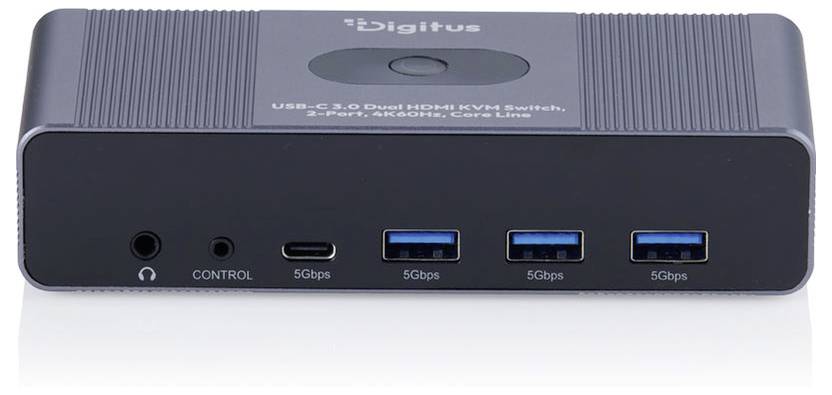 Predný pohľad dokovanej stanice Digitus USB-C s jedným audio jacksom, jedným ovládacím portom a tromi portami USB 3.0 5Gbps