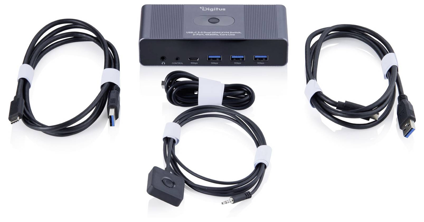 Kompaktná čierna dokovacia stanica s viacerými pripojenými káblikmi, vrátane USB, video a audio vedení, usporiadanými na bielom pozadí.