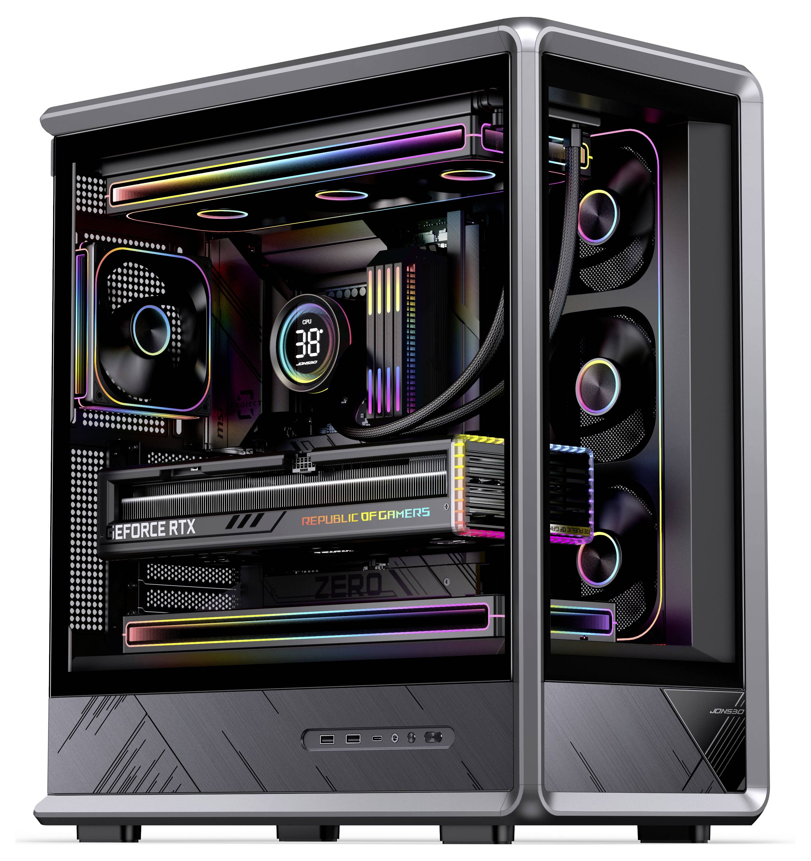 Vlastný herný PC box s RGB osvetlenými ventilárormi, kvapalinovým chladením a grafickou kartou GeForce RTX v čiernom puzdre s hartením skleným panelom.