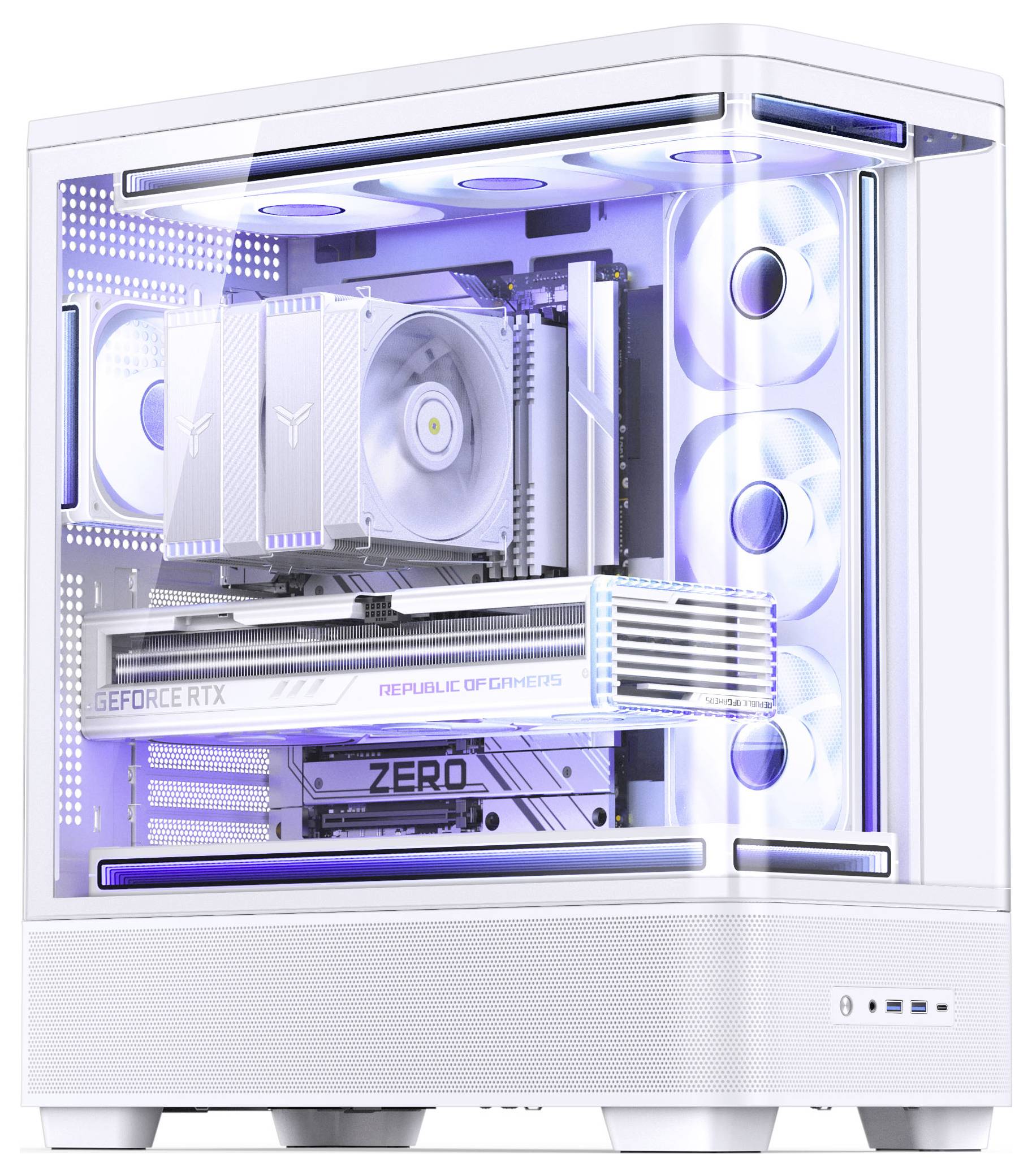 Transparentná biela herná PC veža s RGB osvetlenými ventilátormi, veľkým CPU chladičom a kartou GeForce RTX graphics vo vnútri.
