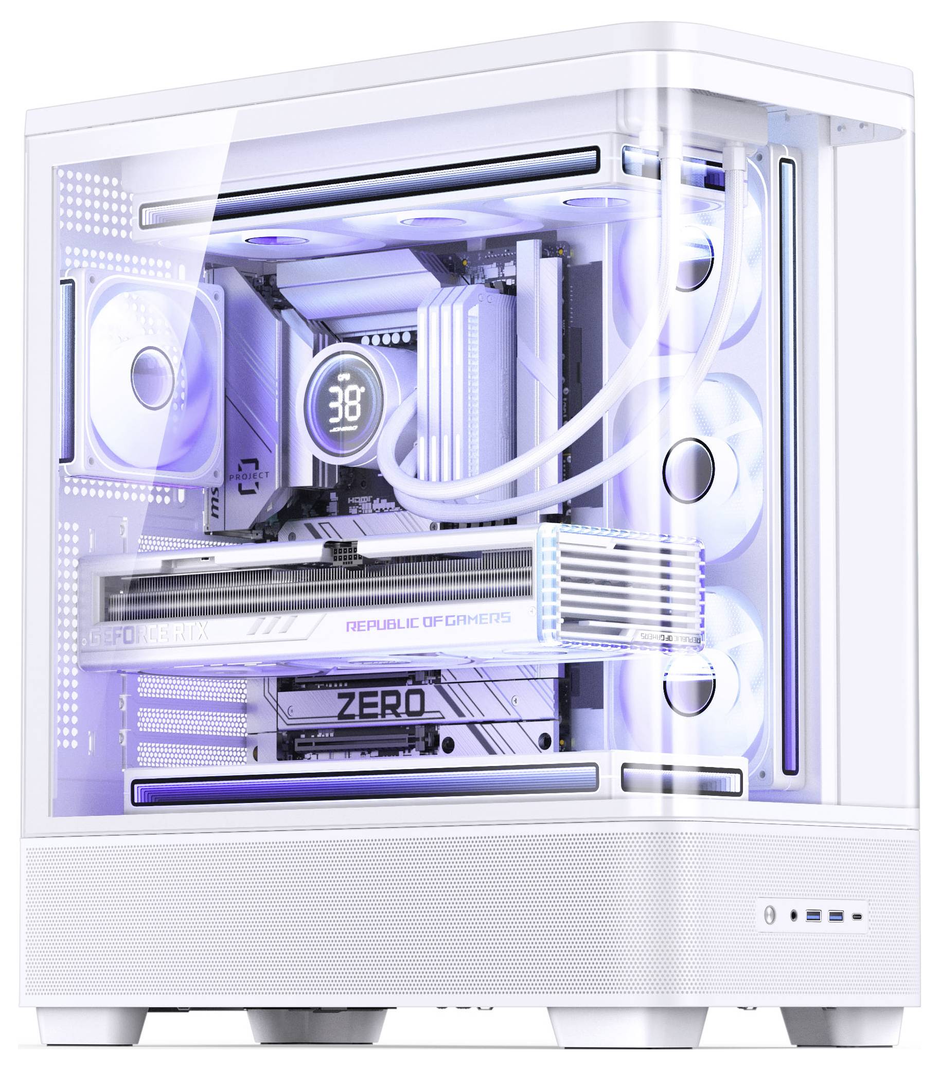 Biela custom herná PC skrinka s RGB osvetlenými komponentmi, viditeľnými trubicami kvapalinového chladenia a grafickou kartou označená „REPUBLIC OF GAMERS" a „ZERO".