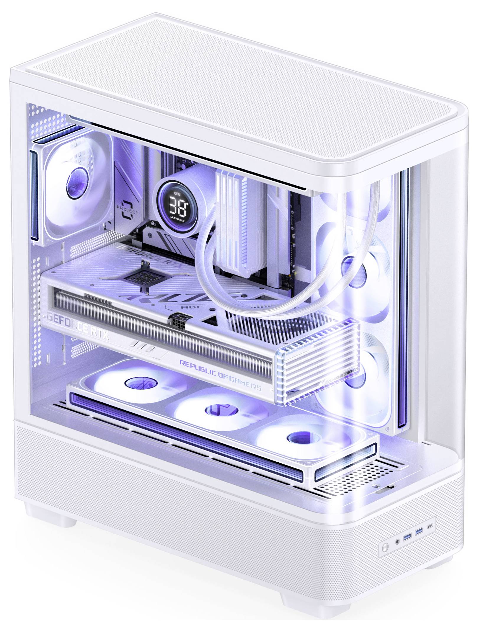 Biely počítačový stolný skrín s priehľadným bočným panelom, zobrazujúci žiariace modré interné komponenty, chladiace ventilátory a RGB osvetlenie.