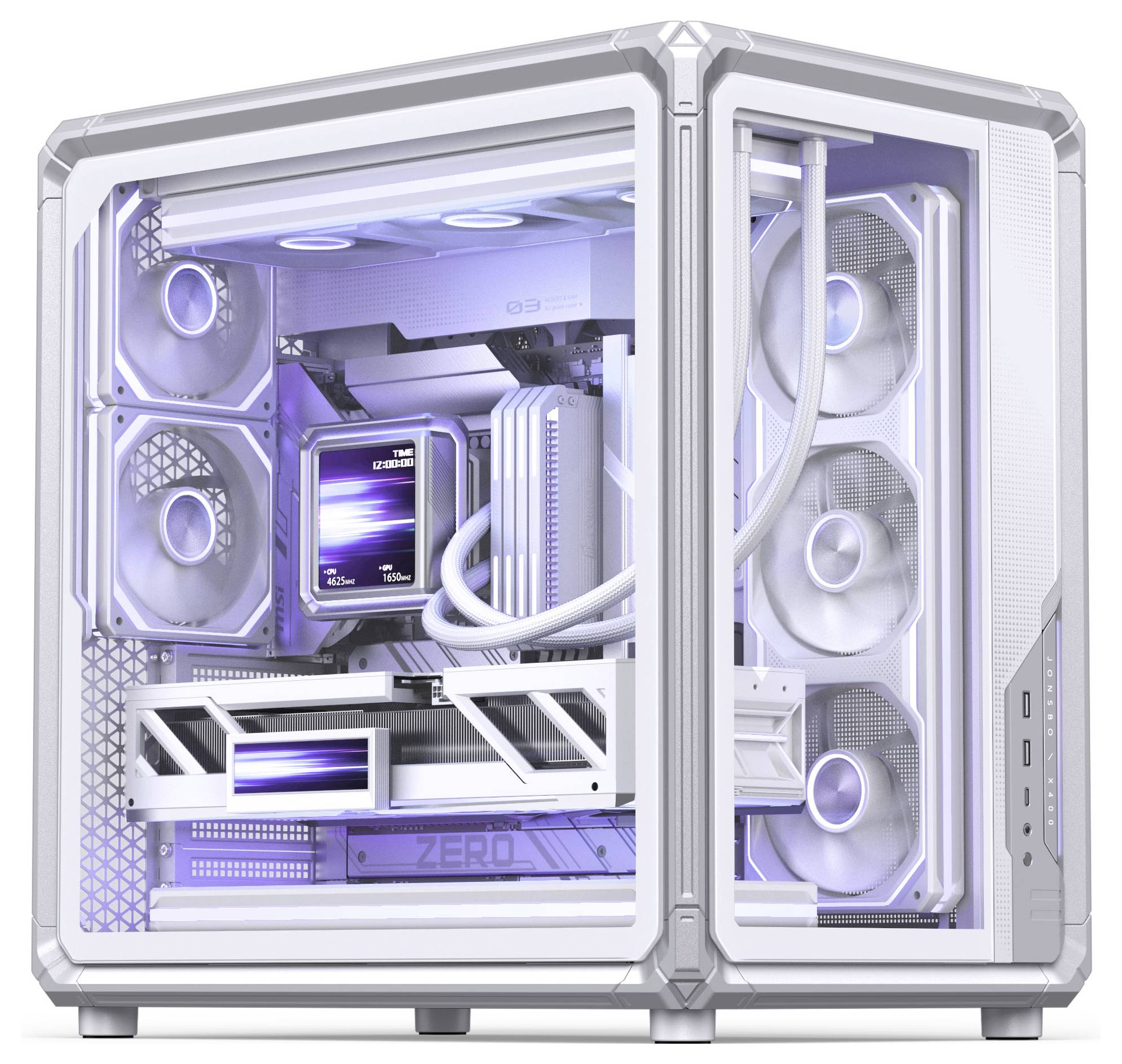 Biela high-end počítačová skrinka s panelmi z temperovaného skla, RGB osvetlenými ventilátormi a viditeľnými komponentmi kvapalinového chladenia v interiéri.