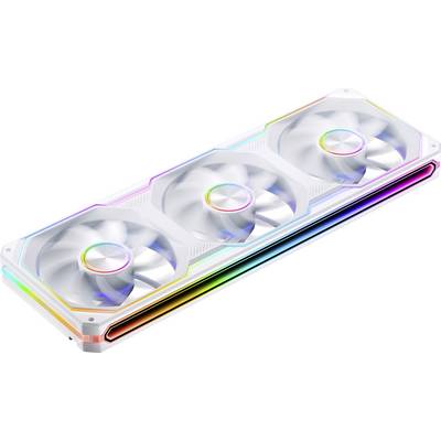 Biela grafická karta s tromi chladiacimi ventilátormi osvetlenými RGB a pruhom dúhového svetla pozdĺž okraja.