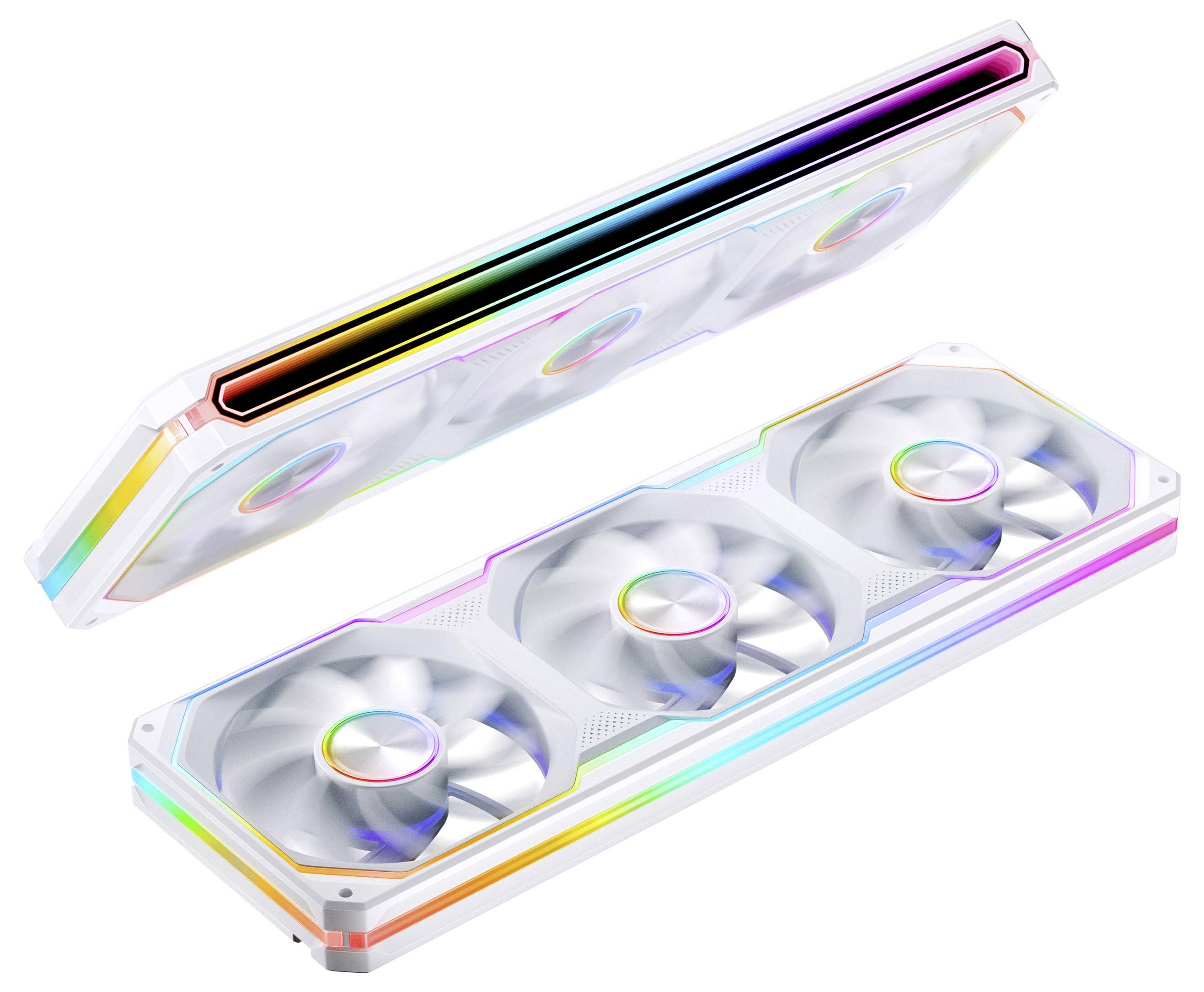 Tri RGB osvetlené chladiace komponenty PC s priehľadnými krytmi a viditeľnými ventilátorov, zobrazené otvorené na ukázanie hardvéru vnútri.