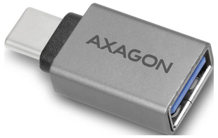 AXAGON adaptér USB-C na USB-A, sivý s čiernym akcentom a modrým vnútorným portom USB.