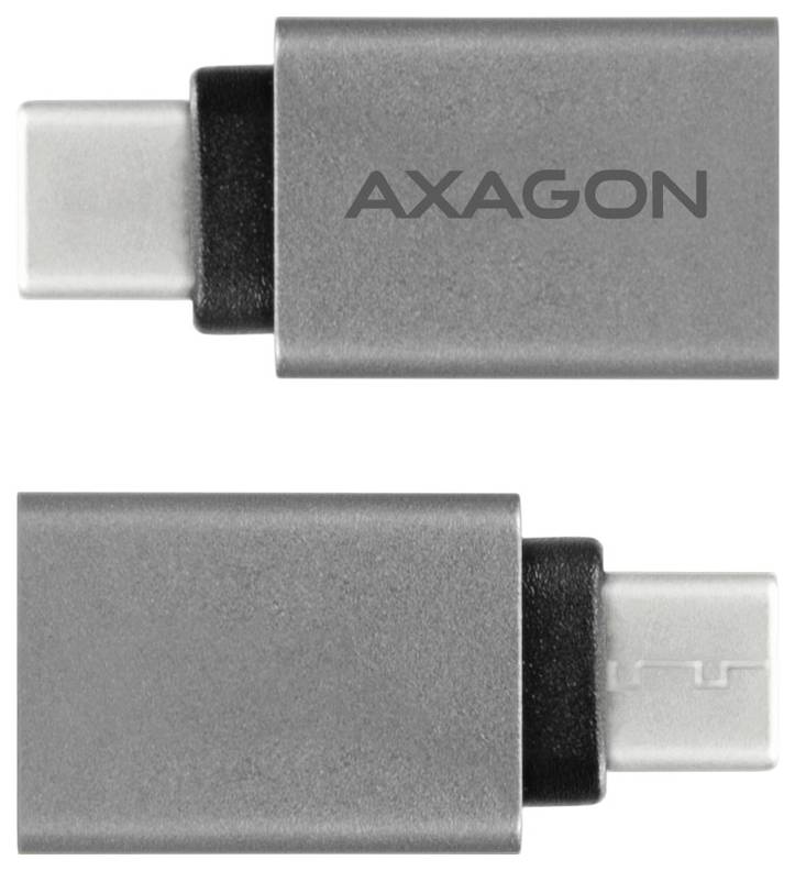 Dva pohľady na adaptér alebo redukciu AXAGON USB-C, zobrazené na bielom pozadí, s viditeľným konektorom USB-C na každom konci.