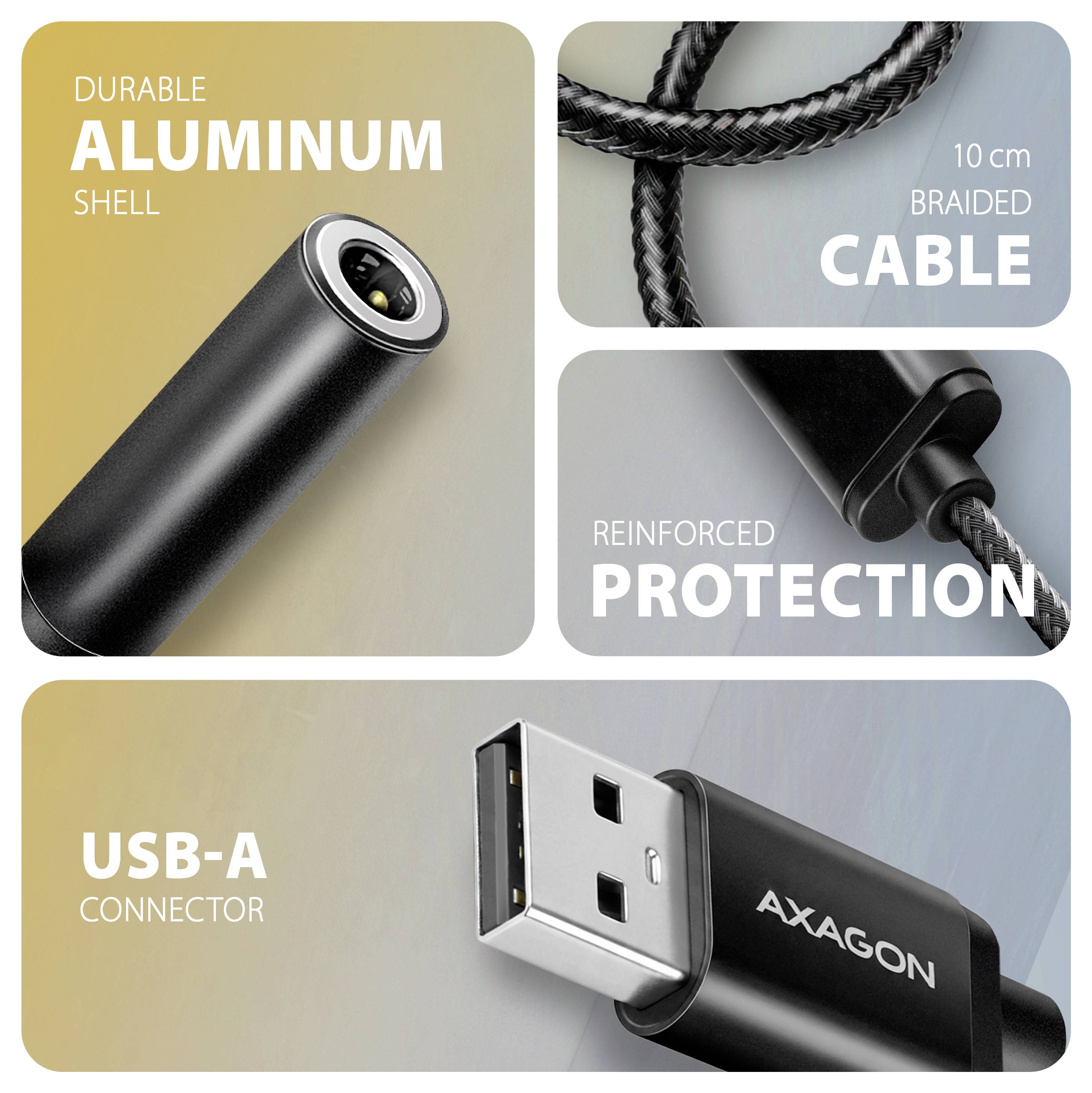 Propagačný grafický prvok produktu ukazujúci čierny kábel AXAGON USB-A s odolným hliníkovým puzdrom, 10 cm pletený kábel a posilnenú ochranu.