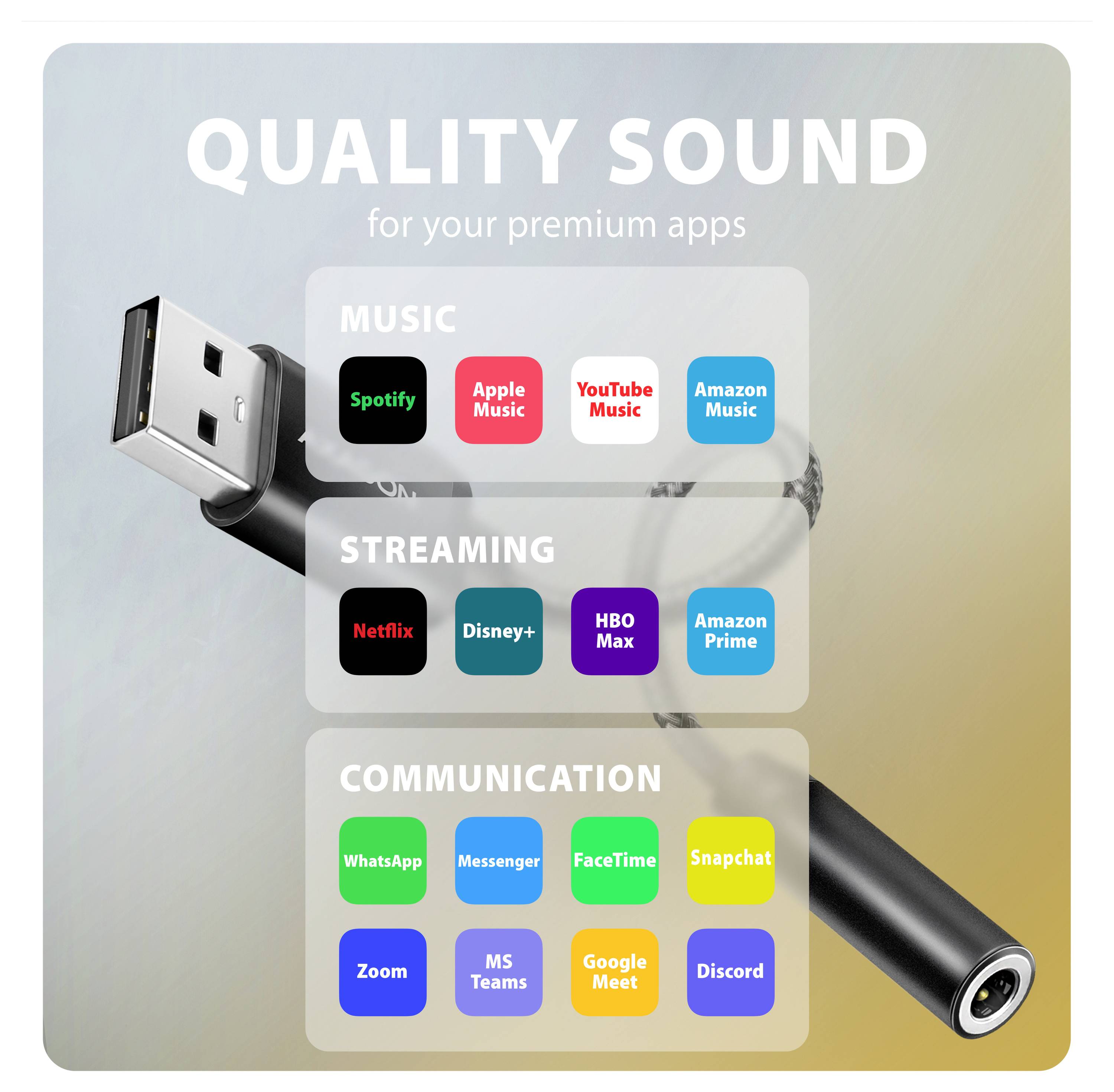 Propagačná grafika USB kábla s označením „KVALITNÝ ZVUK pre vaše prémiumové aplikácie" s kategóriami aplikácií pre hudbu, streamovanie a komunikáciu, zobrazujúca logá ako Spotify, Netflix, WhatsApp, Zoom a Discord.