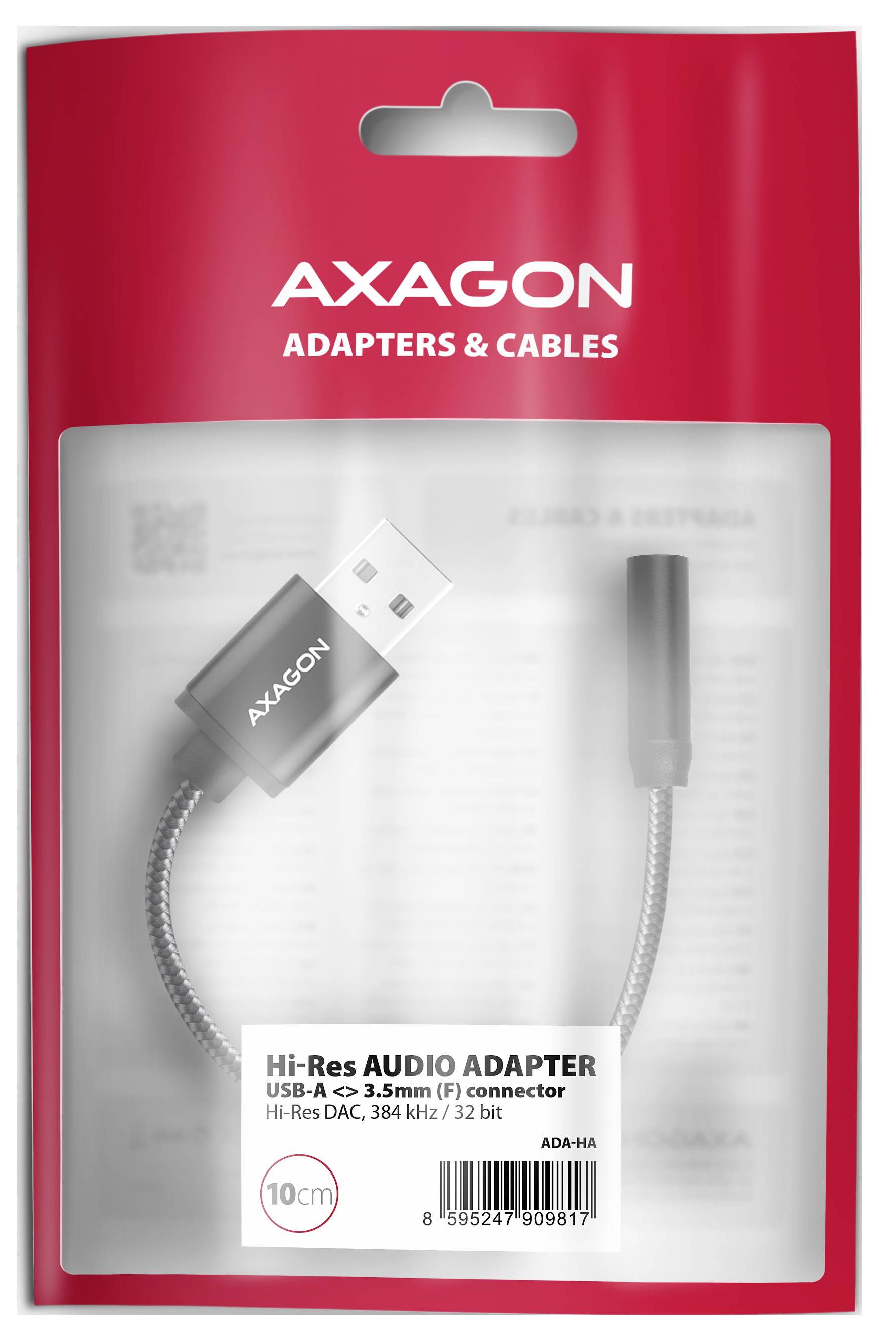Axagon 'Hi-Res Audio Adapter' USB-A na konektor 3,5 mm F, kábel 10 cm, v maloobchodnom balení.
