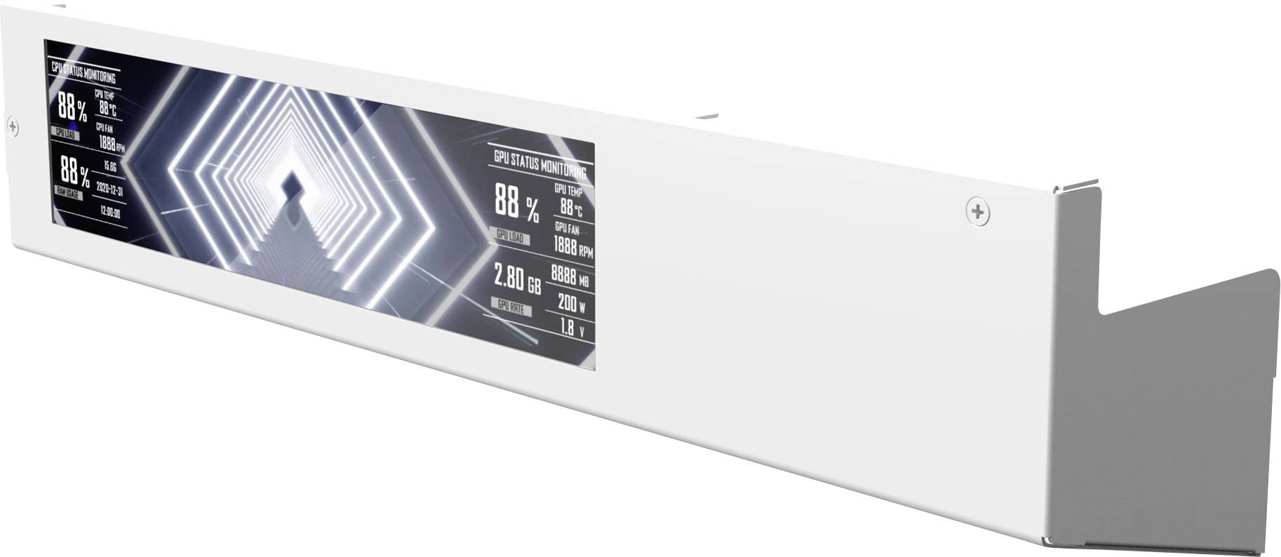 Biely obdĺžnikový prístroj so širokým digitálnym displejom zobrazujúcim futuristický modrý geometrický vzor, čítania 88% a rôzne údajové štítky.