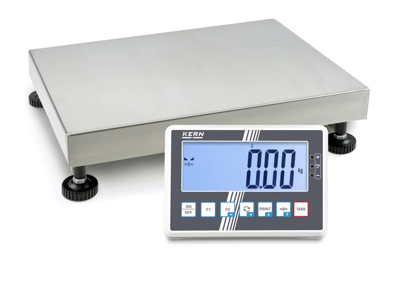 Digitálna váha s nerezavejúcou oceľovou plošinou a oddelený displej ukazujúci 0,00 kg.
