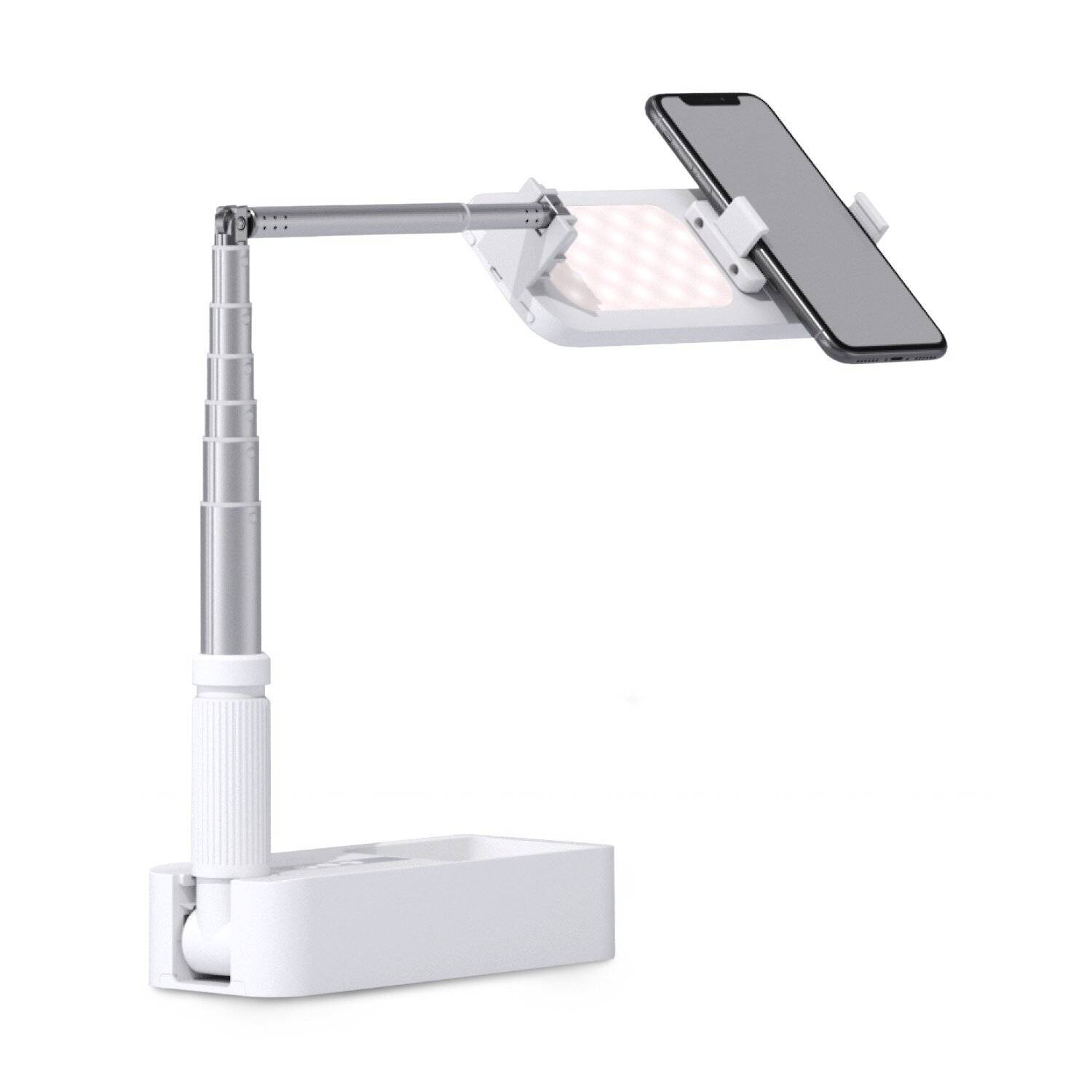 Nastaviteľná stolná lampa so svorkou a zabudovaným LED svetlom držiace smartphone v horizontálnom držiaku