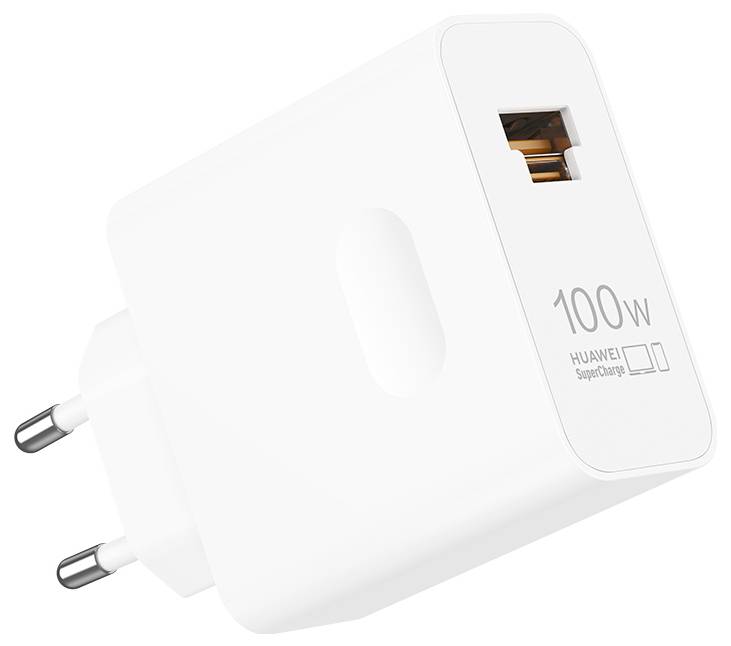 Biely nástenný nabíjací adaptér Huawei 100W SuperCharge s dvomi okrúhlymi európskymi kolíkmi a jedným USB portom