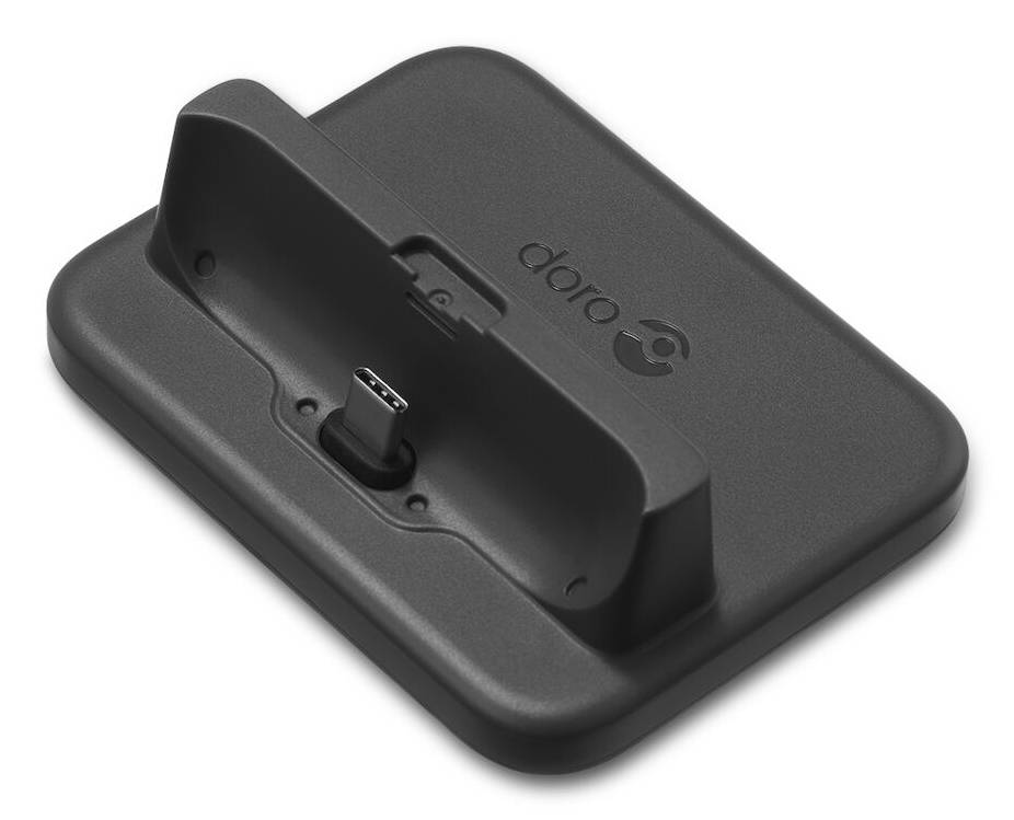 Čierna dokovacia stanica Doro s USB-C konektorom na obdĺžnikovej základni, zobrazená na bielom pozadí.