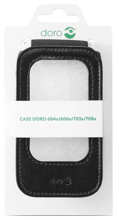Balené puzdro pre čierny telefón Doro s označením „CASE DORO 604x/606x/703x/708x" na bielej maloobchodnej kartičke.