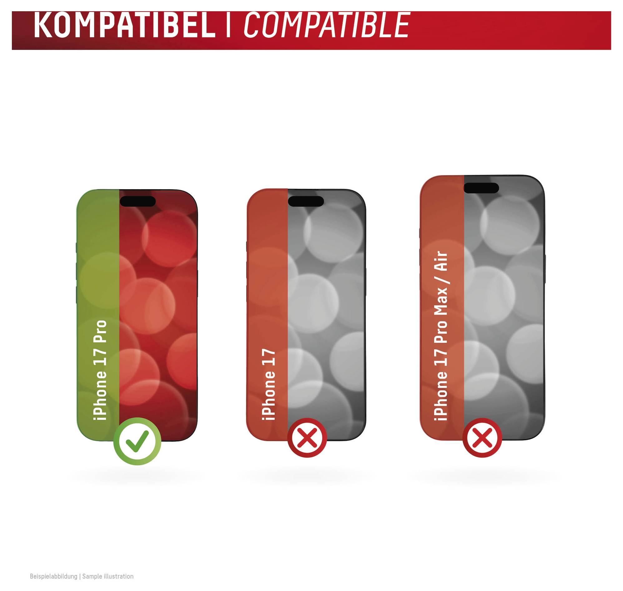 Grafika kompatibility zobrazujúca iPhone 17 Pro podporovaný so zelenou značkou; iPhone 17 a iPhone 17 Pro Max/Air označené ako nekompatibilné s červenými X.