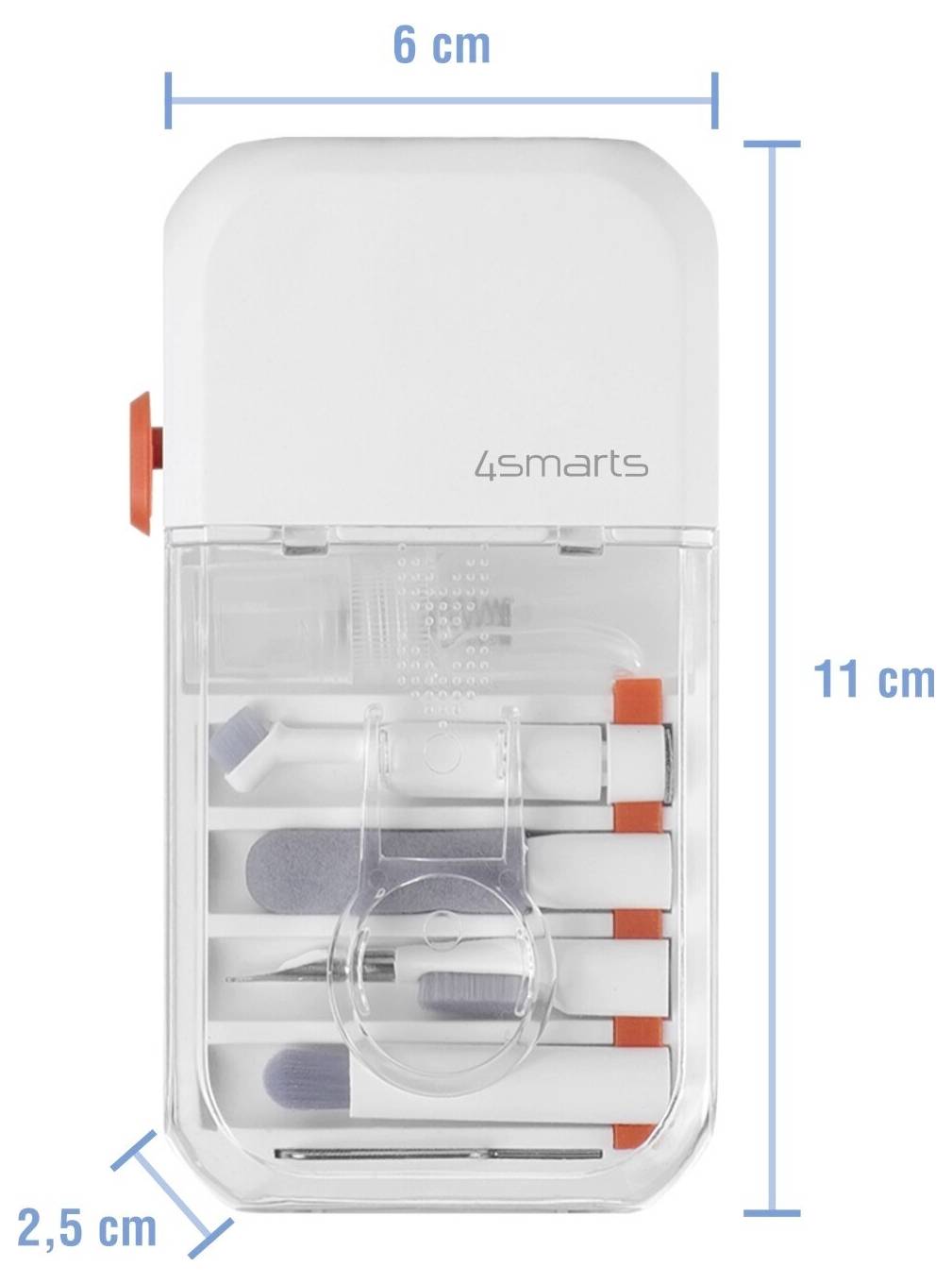 Kompaktné zariadenie 4smarts s jasným dolným oddelením, zobrazené s rozmermi 11 cm vysoké, 6 cm široké a 2,5 cm hlboké.